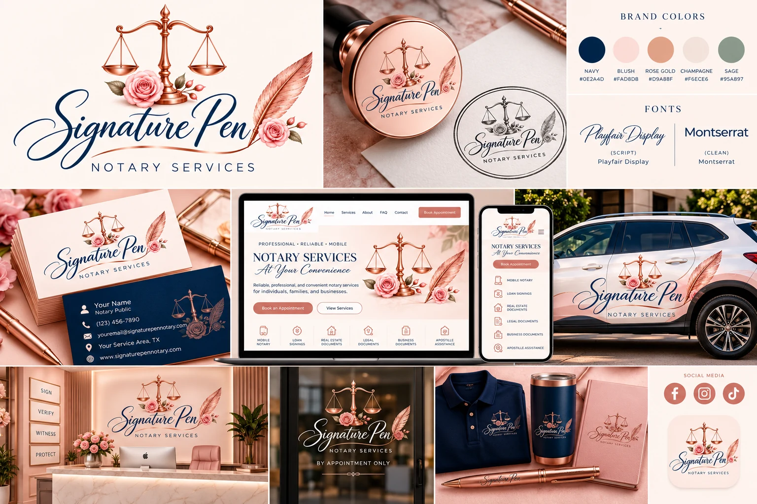 Signature Pen Notary Services brand design across stationery, website, office and vehicle