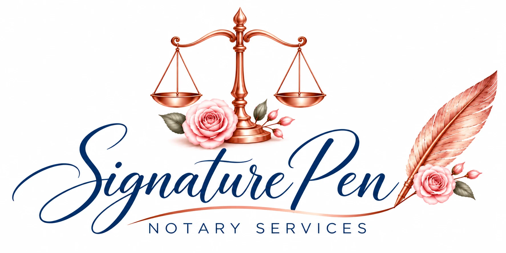 Signature Pen Notary Services logo with rose-gold scales, pink roses and feather quill